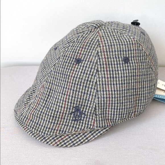 Original Penguin Plaid Wool Blend Cap Blue Gray sz L Retro Street Dead Stock - Picture 1 of 12